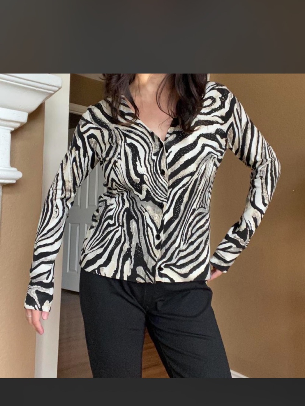 Chico's Black & White Zebra Print Button-Down Top